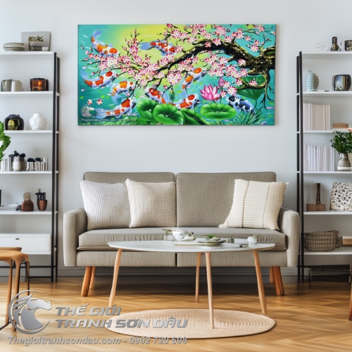 Tranh Cửu Ngư Dưới Gốc Đào Vẽ Tay Sơn Dầu