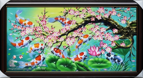 Tranh Cửu Ngư Dưới Gốc Đào Vẽ Tay Sơn Dầu