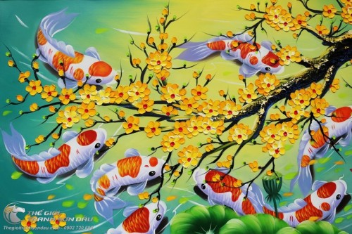 Tranh Cửu Ngư Quần Hội Dưới Gốc Mai Vàng