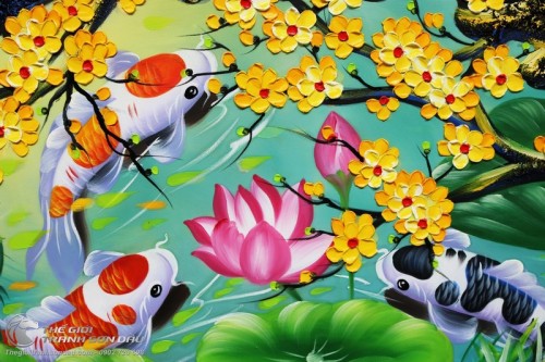 Tranh Cửu Ngư Quần Hội Dưới Gốc Mai Vàng
