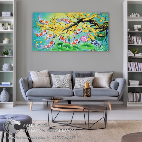 Tranh Cửu Ngư Quần Hội Dưới Gốc Mai Vàng