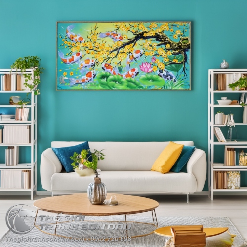 Tranh Cửu Ngư Quần Hội Dưới Gốc Mai Vàng