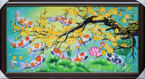 Tranh Cửu Ngư Quần Hội Dưới Gốc Mai Vàng