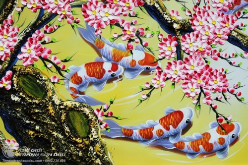 Tranh Cửu Ngư Quần Tụ Dưới Gốc Hoa Đào