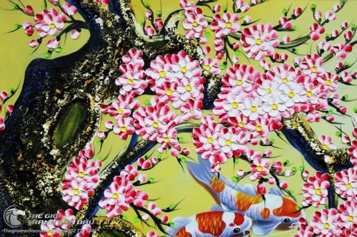 Tranh Cửu Ngư Quần Tụ Dưới Gốc Hoa Đào