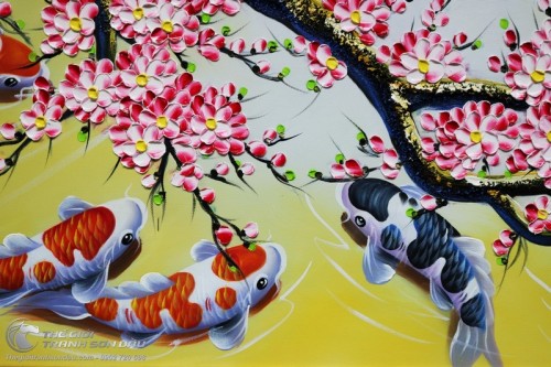 Tranh Cửu Ngư Quần Tụ Dưới Gốc Hoa Đào