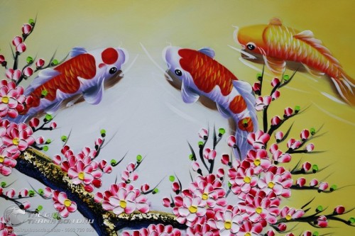 Tranh Cửu Ngư Quần Tụ Dưới Gốc Hoa Đào