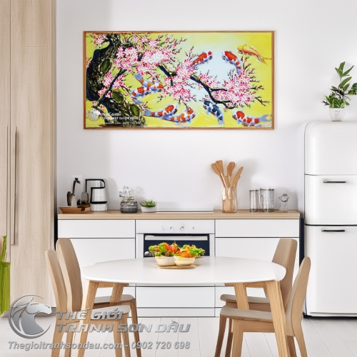 Tranh Cửu Ngư Quần Tụ Dưới Gốc Hoa Đào