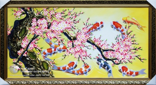 Tranh Cửu Ngư Quần Tụ Dưới Gốc Hoa Đào