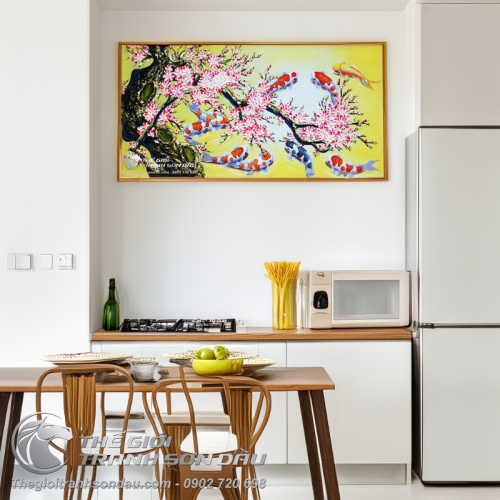 Tranh Cửu Ngư Quần Tụ Dưới Gốc Hoa Đào