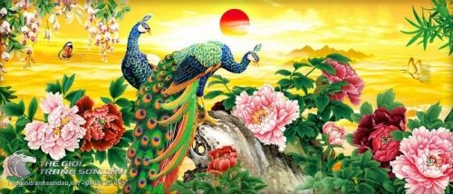 Tranh Đôi Chim Công Bên Hoa Mẫu Đơn Và Mặt Trời Đỏ