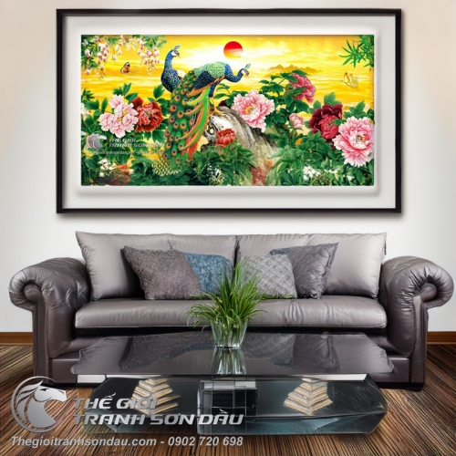Tranh Đôi Chim Công Bên Hoa Mẫu Đơn Và Mặt Trời Đỏ