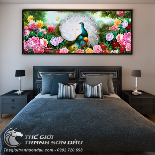 Tranh Đôi Chim Công Hạnh Phúc và Hoa Mẫu Đơn