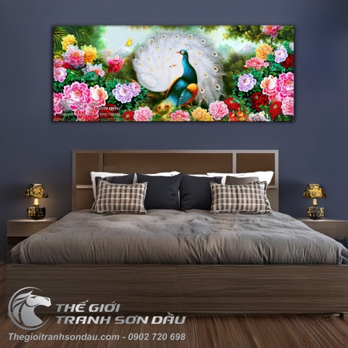 Tranh Đôi Chim Công Hạnh Phúc và Hoa Mẫu Đơn