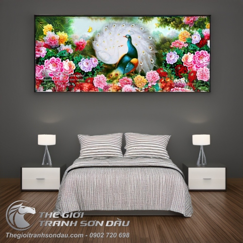 Tranh Đôi Chim Công Hạnh Phúc và Hoa Mẫu Đơn