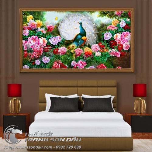 Tranh Đôi Chim Công Hạnh Phúc và Hoa Mẫu Đơn