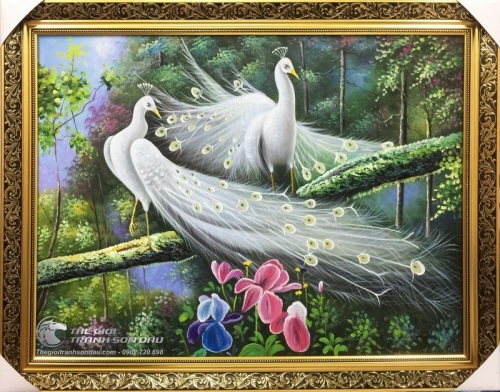 Tranh Đôi Chim Công Trắng