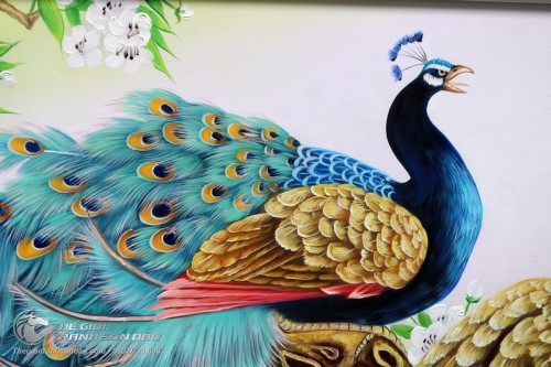 Tranh Đôi Chim Công Trên Cành Hoa Lan Rừng