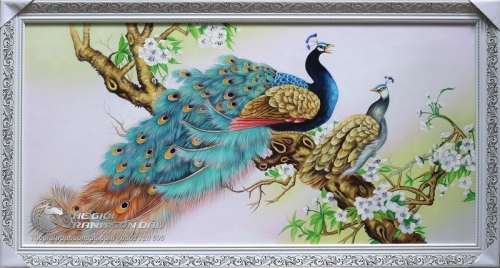 Tranh Đôi Chim Công Trên Cành Hoa Lan Rừng
