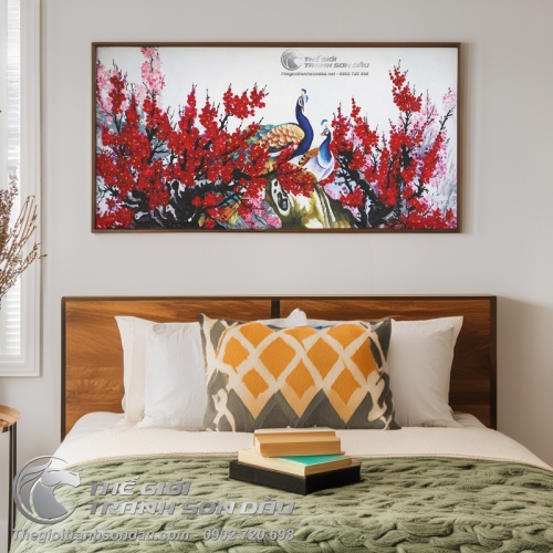 Tranh Đôi Chim Công Trong Vườn Đào