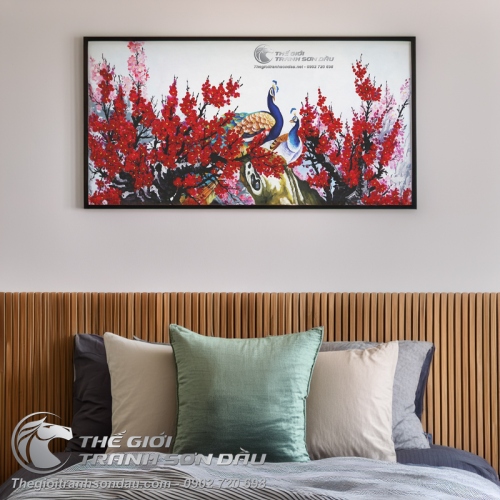 Tranh Đôi Chim Công Trong Vườn Đào