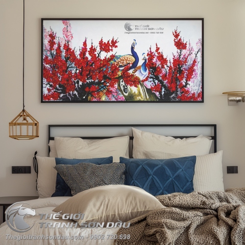 Tranh Đôi Chim Công Trong Vườn Đào