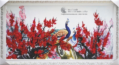 Tranh Đôi Chim Công Trong Vườn Đào