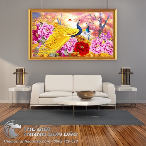 Tranh Đôi Chim Uyên Ương Bên Hoa Mẫu Đơn Rực Rỡ
