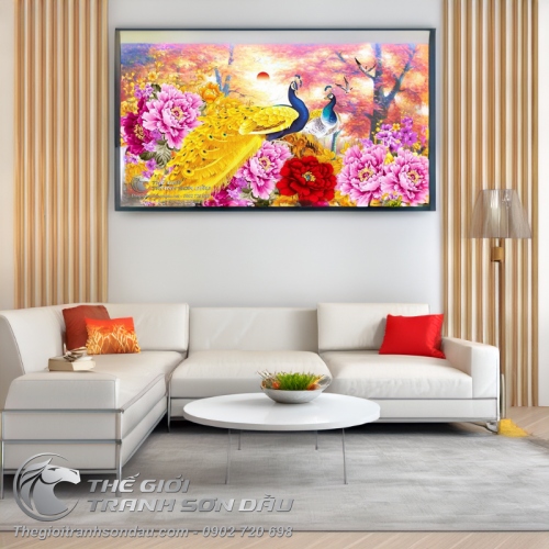 Tranh Đôi Chim Uyên Ương Bên Hoa Mẫu Đơn Rực Rỡ
