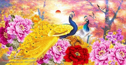 Tranh Đôi Chim Uyên Ương Bên Hoa Mẫu Đơn Rực Rỡ