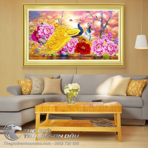 Tranh Đôi Chim Uyên Ương Bên Hoa Mẫu Đơn Rực Rỡ