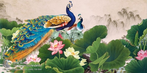 Tranh Đôi Chim Uyên Ương Bên Hoa Sen Hồng