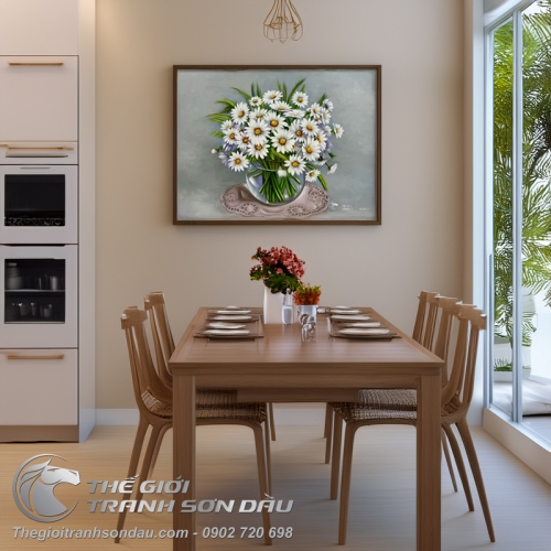 Tranh Hiện Đại Vẽ Bình Hoa Cúc Trắng Nghệ Thuật