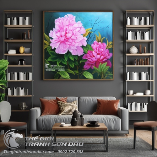 Tranh Hoa Mẫu Đơn Màu Hồng Trắng Treo Phòng Ngủ