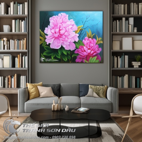 Tranh Hoa Mẫu Đơn Màu Hồng Trắng Treo Phòng Ngủ