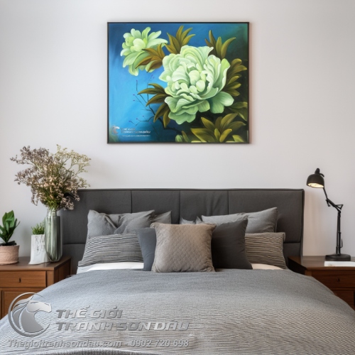 Tranh Hoa Mẫu Đơn Phong Thủy 2 Bông Màu Xanh Ngọc