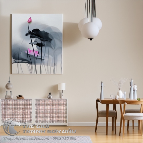 Tranh Hoa Sen Hồng Mờ Ảo