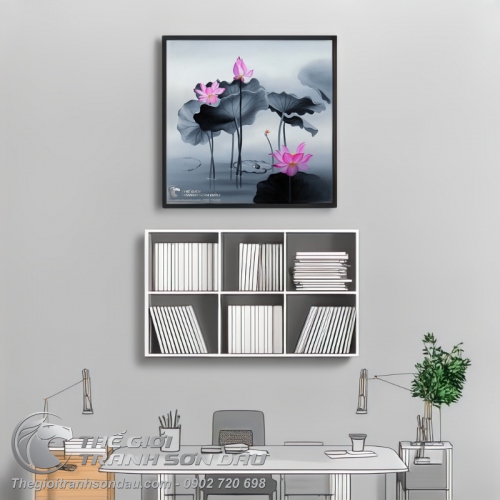 Tranh Hoa Sen Hồng Nền Xám