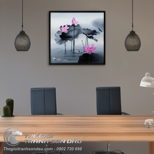 Tranh Hoa Sen Hồng Nền Xám