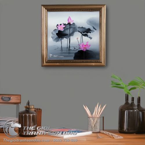 Tranh Hoa Sen Hồng Nền Xám