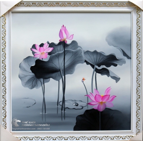 Tranh Hoa Sen Hồng Nền Xám