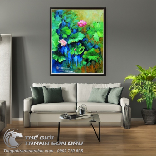 Tranh Hoa Sen Hồng Trên Nền Lá Xanh