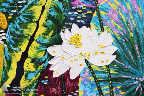 Tranh Hoa Sen Trắng Vẽ Dày Màu