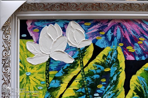 Tranh Hoa Sen Trắng Vẽ Dày Màu