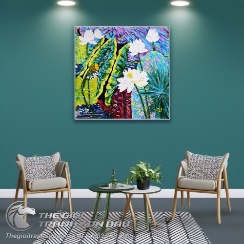 Tranh Hoa Sen Trắng Vẽ Dày Màu