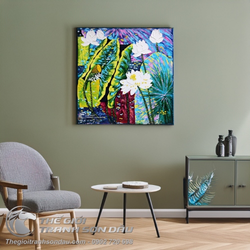 Tranh Hoa Sen Trắng Vẽ Dày Màu