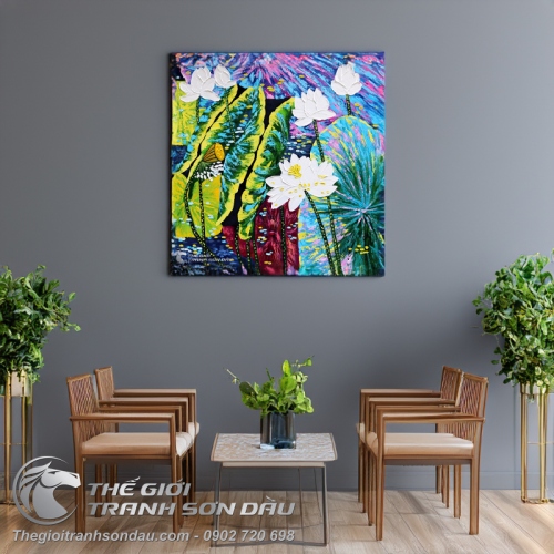 Tranh Hoa Sen Trắng Vẽ Dày Màu