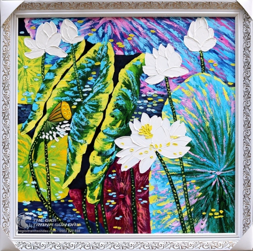 Tranh Hoa Sen Trắng Vẽ Dày Màu