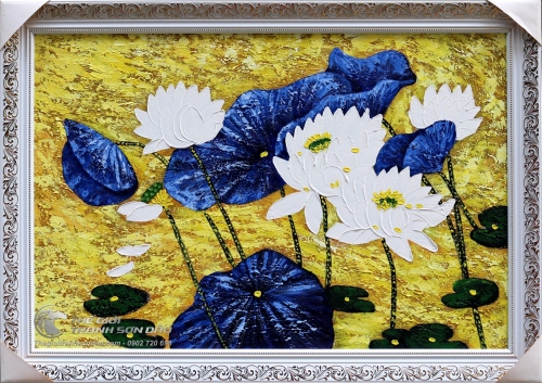 Tranh Hoa Sen Trắng Vẽ Dày Màu Nghệ Thuật