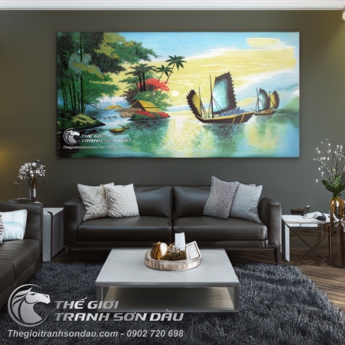 Tranh Làng Quê Êm Đềm Và Thuyền Buồm